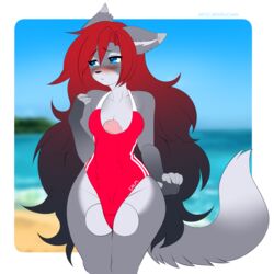 1:1 anthro balls beach berruchan big_balls big_penis blue_eyes blush breasts canid canine canis clothed clothing copyright_request digital_media_(artwork) erection fur futa_focus futa_only futanari genitals gynomorph hailey_marie hair hi_res huge_cock humanoid_genitalia humanoid_penis intersex mammal multicolored_hair one-piece_swimsuit penis seaside solo swimwear thick_thighs two_tone_hair wolf