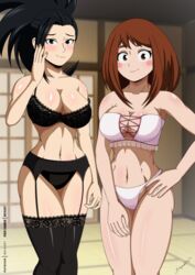 2girls big_breasts black_lingerie blush bryaxrt lingerie momo_yaoyorozu my_hero_academia ochako_uraraka shounen_jump teenage_girl teenager thick_thighs thin_waist white_lingerie wide_hips