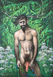 1boy 2020 abs alex_gordenkov antlers artist_name balls ballsack beard blue_eyes body_hair european_mythology facial_hair fae faun foreskin hairy_male half-human humanoid humanoid_penis intact leshy lesovik male male_nipples male_only male_pubic_hair masculine mature_male mustache nude_male partially_retracted_foreskin pecs penis pointy_ears pubes scrotum semi-erect testicles uncut