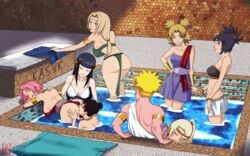 1boy 6+girls 7girls assisted_sex bent_over bisexual_(female) clothing cunnilingus dress fellatio female group_sex harem hyuuga_hinata ino_yamanaka jewelry licking_penis male mitarashi_anko moaning multiple_girls naruto naruto_(series) naruto_shippuden partially_submerged penis pool roman_bath sakura_haruno smvworkshop temari tenten toga tsunade uzumaki_naruto watching water yuri