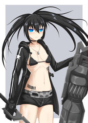 barcode barcode_tattoo bikini_top black_hair black_rock_shooter black_rock_shooter_(character) black_rock_shooter_(game) blue_eyes cannon short_shorts small_breasts sword uneven_twintails