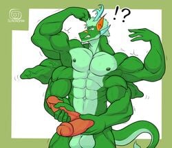 absurd_res anthro balls diphallia diphallism dragon erection genitals hi_res horn humanoid_genitalia humanoid_penis male masturbation multi_arm multi_genitalia multi_limb multi_penis muscular muscular_male penis soendapuss solo standing transformation