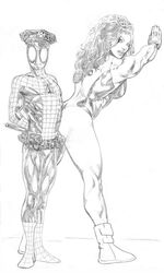 1boy 1girls against_wall ass black_and_white boots clothed clothed_female clothed_male clothes clothing cosplay costume drawn female fully_clothed funny hulk_(series) larger_female legs leotard looking_at_viewer luis_puig male marvel marvel_comics mask monochrome muscles muscular_female outfit police_belt police_hat pushing she-hulk spider-man spider-man_(series) straight suggestive superhero superheroine thick_legs thick_thighs thighs uncensored