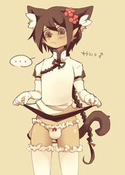 ... 2015 5_fingers accessory anthro armwear black_nose braided_hair brown_body brown_eyes brown_fur bulge clothing elbow_gloves fingers flower flower_in_hair fur girly gloves hair hair_accessory handwear hi_res inner_ear_fluff kemono legwear long_hair male mammal plant portrait presenting simple_background solo speech_bubble tan_body tan_fur thigh_highs three-quarter_portrait toumitu tuft underwear white_body white_fur