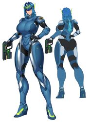 armour back_view battle_armor big_breasts blue_eyes blue_hair female front_view futuristic gun hand_on_hip headgear laser_gun long_hair original original_character ponytail pose posing profile sci-fi skin_tight_suit spacezin voluptuous white_background zoe_(spacezin)