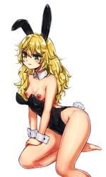 armpit_hair blonde_hair blush breasts bunny_ears bunnysuit chelle_(lwahrleff) female_leg_hair green_eyes hairy_legs lwahrleff plain_background small_breasts