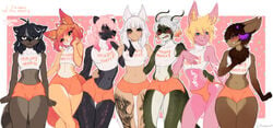 absurd_res angry annoyed anthro blonde_hair blush bottomwear bulge canid canine chest_tuft clothed clothing dragon femboy_hooters fox fur genitals group hair hand_on_butt hands_on_hips hi_res horn jockstrap lagomorph looking_at_viewer male male_only mammal orange_body pink_body resinger17 shorts simple_background smile text tongue tongue_out topwear tuft underwear wide_hips wide_thighs