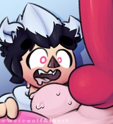 albert_(werewolf_albert) animal_penis anthro big_balls big_penis black_and_white_hair blue_background blush blushed furry_ears gradient_background hands_on_legs knot light_pink male_only open_eyes pink_balls pink_eyes pink_fur raccoon red_penis shiny_penis smile sweat sweating sweaty sweaty_balls werewolf werewolf_albert white_eyes white_shirt