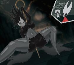 2_horns 4_fingers absurd_res anthro arachnid areola arthropod black_body blurred_background blush blush_lines breasts clitoris cloak clothed clothing dancing dialogue female fingers genitals glistening group heart_symbol hi_res hollow_knight hollow_knight:_silksong hollow_knight_(franchise) horn hornet_(hollow_knight) jizothewanderer lace_(hollow_knight) mask motion_lines nipples nonbinary_(lore) partially_clothed phantom_(hollow_knight) pole pole_dancing red_clothing spider spreading team_cherry text thick_thighs torn_clothing trio vulva weapon white_body