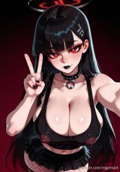 2025 ai_generated anime bangs bare_shoulders black_hair black_lips black_nails black_skirt blue_archive blunt_bangs breasts choker cleavage collar collarbone covered_nipples crossover exposed_nipples eye_contact female female_focus female_only fishnet_pantyhose fishnets gothic gradient gradient_background hair_accessory hair_ornament hairclip halo highres huge_breasts large_breasts lipstick long_hair looking_at_viewer makeup midriff miniskirt nail_polish navel nipples pantyhose patreon pleated_skirt reaching_towards_viewer red_background red_eyes rio_(blue_archive) rognezart see-through selfie skirt smile smiling solo spiked_collar spikes stockings tank_top v very_long_hair