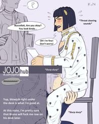 2boys almost_caught blowjob bruno_buccellati deepthroat deepthroat_holder deepthroat_hug jojo's_bizarre_adventure kathycat1996 leone_abbacchio oral pannacotta_fugo under_the_table vento_aureo yaoi