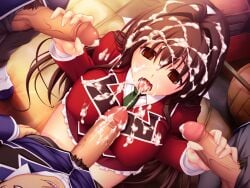 1girl 3boys antenna_hair ball basketball_(object) blazer blush breasts brown_eyes brown_hair bukkake censored clothed_sex covered_nipples cum cum_in_mouth cum_on_body cum_on_breasts cum_on_clothes cum_on_hair cum_on_tongue cum_string double_handjob dutch_angle ejaculation empty_eyes erection facial foreskin frills from_above game_cg gangbang group_sex gym_storeroom hair_between_eyes hair_intakes hair_ribbon handjob hetero indoors jacket kneeling large_breasts large_variant_set long_hair long_sleeves looking_at_viewer looking_up maishima_yuri male_pubic_hair multiple_boys necktie nerawareta_megami_tenshi_angel_tear no_pupils non-web_source official_art open_fly open_mouth pants penis pleated_skirt ponytail pubic_hair ribbon rolling_eyes school_uniform self-datamine shoes sitting skirt smile solo_focus sweat tears teeth tongue tongue_out tsukumo_kazuita uncensored variant_set vaulting_horse veins veiny_penis very_long_hair