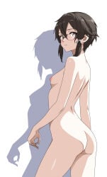 1girl absurdres asada_shino black-framed_eyewear black_hair black_ribbon breasts completely_nude female female_only glasses hair_ribbon highres indy_k looking_at_viewer nipples nude ribbon round_eyewear shadow short_hair short_hair_with_long_locks sword_art_online
