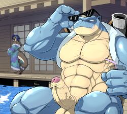 abs anthro balls beverage big_penis black_eyewear black_sunglasses blastoise blue_body blue_hair brown_body brown_fur chester_(pandottermon) clothed clothed_male clothing day detailed_background drinking_straw duo erection eyebrows eyewear flirting_look foreskin fur generation_1_pokemon genitals glans grin hair hi_res holding_beverage holding_eyewear holding_object holding_sunglasses humanoid_genitalia humanoid_penis ice ice_cube looking_at_another looking_back looking_back_at_another male male/male mammal muscular mustelid nintendo nude nude_male otter otter_tail outside pandottermon penis pink_glans pokemon pokemon_(species) raised_eyebrow removing_sunglasses sitting size_difference smile smiling_at_another spa spread_legs spreading stubble sunglasses teeth vein veiny_penis water