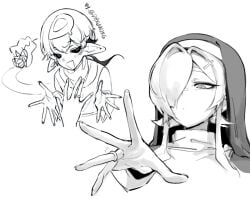 1boy 1boy1girl 1girls bangs bangs_over_eyes black_and_white blonde_hair dhxuwjsg docu_(doppel) doppel hair_over_one_eye nun nun_(aung_ae) nun_outfit older_female proposal ring size_difference sketch small_dom_big_sub smaller_male tagme taller_female younger_male