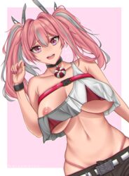 1girl artist_name azur_lane bangs bare_shoulders bikini bikini_bottom_only black_choker black_shorts blush breasts bremerton_(azur_lane) choker cleavage clothing_aside collarbone commentary covered_erect_nipples cowboy_shot crop_top crop_top_overhang dutch_angle fingernails flying_sweatdrops grey_hair groin hair_between_eyes hair_intakes hair_ornament hand_up highleg highleg_bikini large_breasts lifebuoy_ornament long_fingernails long_hair looking_at_viewer melusmelon midriff multicolored_hair nail_polish navel necklace nipple_slip nipples no_mole open_mouth pink_background pink_bikini pink_eyes pink_hair pink_nails shirt short_shorts shorts sidelocks skindentation snap-fit_buckle solo standing streaked_hair swimsuit teeth thong twintails two-tone_hair two-tone_shirt underboob upper_teeth_only wristband