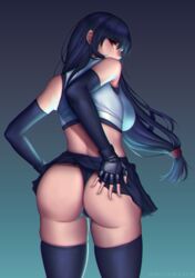 1girls ass ass_grab black_hair brown_eyes female female_only final_fantasy final_fantasy_vii final_fantasy_vii_remake lifting_skirt long_hair looking_back melusmelon panties short_skirt small_panties solo solo_female square_enix thong tifa_lockhart