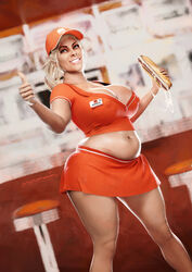 1girls 3d areolae big_breasts blonde breasts busty chubby cleavage erect_nipples fast_food fast_food_employee fast_food_uniform female female_only large_breasts looking_at_viewer monomaniacart plump solo thumbs_up tummy waitress