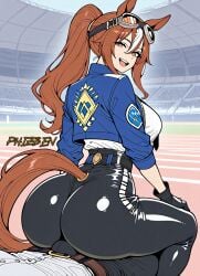 ai_art ai_generated anthro_female big_ass caption dialogue dominant_female female horse_girl huge_ass lapsitting male phizben sitting_on_lap sitting_on_person story submissive_male word_balloon