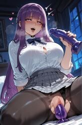 1girls ahe_gao ai_generated bangs black_clothes black_legwear black_panties black_pantyhose blue_bow blue_bowtie blunt_bangs blush bow bowtie breasts breath button_gap cleavage clothing clothing_aside curvaceous curvaceous_female curvaceous_figure curvy curvy_figure dildo dildo_riding dress_shirt drooling female female_focus female_masturbation fern_(sousou_no_frieren) grey_skirt heart-shaped_pupils holding holding_sex_toy indoors large_breasts legwear long_hair long_sleeves masturbation miyuai night object_insertion open_mouth panties panties_aside panties_under_pantyhose pantsu pantyhose pleated_skirt purple_eyes purple_hair purple_pupils pussy pussy_juice rolling_eyes saliva sex sex_toy shirt shirt_tucked_in sidelocks sitting skirt sleeves_rolled_up smile solo sousou_no_frieren spread_legs sweat symbol-shaped_pupils teeth thighband_pantyhose thighs tongue tongue_out torn_clothes torn_legwear torn_pantyhose uncensored underwear vaginal_juices vaginal_object_insertion vaginal_penetration very_long_hair voluptuous voluptuous_female white_shirt