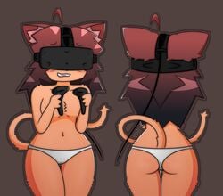 2020 anthro blush breasts domestic_cat feline female fur furry gradient_eyes gradient_hair makifei no_nipples omorashi orange_fur original_character panties peeing red_hair simple_background smile solo standing tail topless turquoise_eyes urine virtual_reality vr_headset watersports wetting white_panties