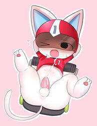 animal_crossing anthro anus armor asian_clothing blush bodily_fluids bottomless chibi clothed clothing cum domestic_cat east_asian_clothing felid feline felis fur genital_fluids genitals headgear helmet hi_res japanese_clothing kid_cat_(animal_crossing) legwear male male_only mammal nintendo penis socks solo spandex superhero tabi_(artist) tapering_penis tight_clothing video_games visor white_body white_fur