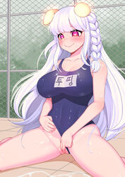 0.8 bangs blush braid breasts character_request cleavage closed_mouth collarbone commentary covered_navel eyebrows_visible_through_hair eyelashes female fence fingering hand_on_own_stomach heart heart-shaped_pupils highres long_hair maplestory masturbation one-piece_swimsuit pussy raised_eyebrows shiny shiny_hair silver_hair smile solo spread_legs swimsuit symbol-shaped_pupils tile_floor tiles very_long_hair wet