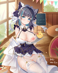 after_paizuri animal_ears aqua_eyes aqua_hair armchair azur_lane black_hair blush breasts cake chair cheshire_(azur_lane) cleavage closed_mouth cum cum_bridge cum_on_body cum_on_breasts cum_on_upper_body detached_sleeves dress earrings eyebrows_visible_through_hair female flag food fruit garter_straps highres indoors jewelry kh3 large_breasts lifted_by_self looking_at_viewer maid maid_headdress manjuu_(azur_lane) multicolored_hair nipples no_panties puffy_sleeves purple_apron ribbon sitting strawberry streaked_hair thighhighs white_dress white_legwear window wrist_cuffs