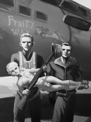 3boys aircraft airplane bomber_jacket carrying_another femboy flaccid helmet holding_weapon m1_garand military military_uniform monochrome notnarts nude nude_male shoes soldier world_war_2 ww2
