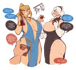 1boy 2girls ass big_ass big_breasts blonde_hair blue_eyes breasts crossover dress english_text female female_focus huge_breasts large_breasts light-skinned_female light_skin long_hair looking_at_viewer male metroid multiple_females multiple_girls nier nier:_automata nier_(series) nsfwtober_2025 ponytail samus_aran saucymojo short_hair text thick_thighs thighs thighs_bigger_than_head white_background white_hair wide_hips yorha_2b