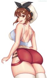 ass atelier_ryza backboob big_ass big_breasts breasts brown_eyes brown_hair busty clothed clothing fat_ass huge_ass huge_breasts large_breasts looking_back melusmelon reisalin_stout short_shorts sideboob solo solo_female tank_top thick_thighs thighhighs thin_waist wide_hips