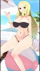 1girl 3d animated beach beach_ball big_breasts bikini black_bikini black_bra black_panties black_swimsuit blonde_hair bouncing bouncing_breasts bouncing_on_beach_ball breasts female female_focus female_only hairclip hips huge_breasts jack_the_gaijin koikatsu large_breasts light-skinned_female long_hair loop looping_animation no_sound peace_sign red_eyes senran_kagura senran_kagura_(series) shiki_(senran_kagura) sitting_on_ball sitting_on_beach_ball solo swimsuit tagme thighs video wink