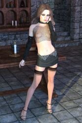 1girls 3d black_nails choker collar crop_top dboxx emma_watson eyeliner eyeshadow female fishnets harry_potter hermione_granger high_heels lipstick mesh_top nipples skirt small_breasts solo thong_visible tubetop winged_eyeliner