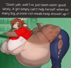 after_vore belly clothing deer english_text female hi_res hyper hyper_belly hyper_breasts hyper_butt mammal obese_female text torn_clothing vore vore_belly wetsealky