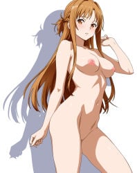 1girl absurdres asuna_(sao) breasts brown_eyes brown_hair censored completely_nude female female_only highres indy_k long_hair looking_at_viewer navel nipples nude pussy shadow simple_background sword_art_online white_background yuuki_asuna