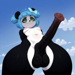 1futa ai_generated alternate_version_available anthro arms_behind_back balls belly_button big_balls blue_hair blunt_bangs bow breedorbred cloud comfyui crotch_focus edit flared_penis furry futa_only glowing_eyes green_eyes hi_res horsecock looking_down medial_ring multicolored_penis nuwa_nightstone panda panda_ears penis perspective petite presenting_penis puffy_areola puffy_nipples shorts simple_background sky small_breasts smirk two-tone_body ursid veiny_penis viewed_from_below