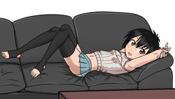 1girls aged_up asian black_hair casting_couch cleavage_cutout clothing fapkat feet female marvel milkoctopus panties peni_parker pleated_skirt skirt small_breasts spider-man:_into_the_spider-verse spider-man_(series) teenager thighhighs virgin_killer_sweater young