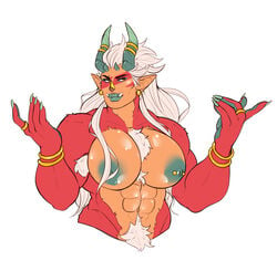 armpit_hair bracelet bracelets chest_hair chest_tuft drawn ear_piercing ear_piercings earrings eyeshadow female_chest_hair fur gem_(species) gold_jewelry green_eyeshadow green_lipstick horn horn_ring horns huge_breasts jasper_(steven_universe) jewelry kikis_tavern lipstick long_hair monster_girl muscular_female nipple_piercing orange_skin pierced_nipples pointy_ears red_fur ring rings steven_universe tusks white_hair yellow_eyes