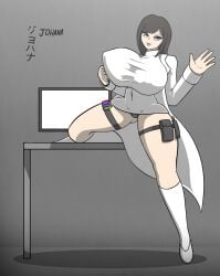 black_eyes black_hair black_iris computer desk drajoe high_heels johana_(drajoe) labcoat leg_up long_sleeves long_socks nipple_bulge nipples_visible_through_clothing oc open_legs original original_character panties royal_scientist scientist table text tounge_out white_outfit xfacility