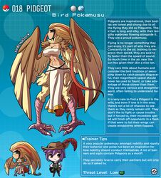 bird_girl bird_wings cleavage creature_index english_text harpy hi_res kinkymation long_hair nintendo page_18 personification pidgeot pokemon pokemon-girl_encyclopedia pokemon_rgby pokemusu profile talons tan_skin text