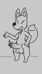 animal_crossing anthro ass balls big_balls big_butt big_penis bodily_fluids canid canine closed_eyes cold_alcohol crazy_redd eyes_always_closed fox genital_fluids genitals huge_balls huge_butt huge_cock hyper hyper_balls hyper_genitalia hyper_penis male male_only mammal monochrome nintendo penis precum shortstack smile solo uncut video_games