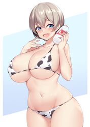 2d big_breasts blue_eyes blush clothed_female cow_print female female_only grey_hair kuavera light-skinned_female light_skin milk_bottle pale-skinned_female pale_skin short_hair simple_background solo solo_focus uzaki-chan_wa_asobitai! uzaki_hana