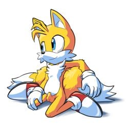 1:1 anthro balls blue_eyes canid canine clothing footwear fox fur genitals gloves goshaag handwear male male_only mammal mobian_(species) mostly_nude penis sega simple_background smile solo sonic_(series) sonic_the_hedgehog_(series) tails video_games