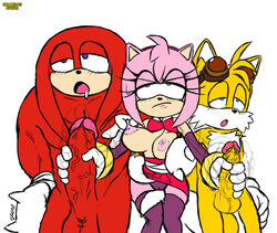 amy_rose anthro ball_size_difference balls big_penis blush bodily_fluids breasts camel_toe canid canine clothing djcvdz_(artist) double_handjob echidna edit erection eulipotyphlan excito exposed_torso female footwear fox frown genitals glans gloves group handjob handwear hedgehog knuckles_the_echidna male mammal masturbation monotreme multiple_boys nipple_fetish nipple_pinch nipple_play nipple_tweak nipples nude penile penis penis_size_difference pinch pink_glans pink_nipples pink_penis purple_eyes red_balls red_penis saliva sex simple_background sonic_(series) sonic_the_hedgehog_(series) tails third-party_edit video_games yellow_balls yellow_penis