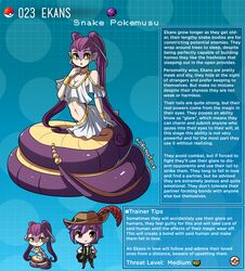 cleavage creature_index ekans english_text hi_res kinkymation lamia monster nintendo page_23 pokedex pokemon pokemon-girl_encyclopedia pokemon_rgby pokemusu profile purple_hair snake_girl text