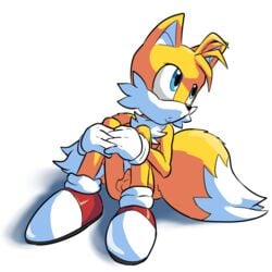 1:1 anthro balls blue_eyes canid canine clothing footwear fox fur genitals gloves goshaag handwear male male_only mammal mobian_(species) mostly_nude penis sega simple_background sitting solo sonic_(series) sonic_the_hedgehog_(series) tails video_games