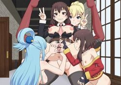 4girls animated aqua_(konosuba) censored clitoris clothing darkness_(konosuba) fingering flat_chest kono_subarashii_sekai_ni_shukufuku_wo! looking_at_pussy megumin peehole ponpondou tagme yunyun_(konosuba) yuri