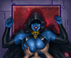 big_breasts blue_skin breast_grab breast_squeeze cape clenched_teeth dc dc_comics dubious_consent green_lantern_(series) groping groping_breasts hood justsomenoob large_breasts lipstick lyssa_drak male_pov outercourse paizuri partial_male pov red_lipstick sinestro_corps squeezing_breast supervillain warner_brothers yellow_lantern