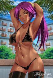 1girls armpits arms_behind_head big_breasts bikini bleach blush breasts cameltoe dark-skinned_female dark_skin eyelashes female female_only fuzzlogik long_hair looking_at_viewer navel ponytail posing purple_hair shihouin_yoruichi solo thighhighs tied_hair yellow_eyes