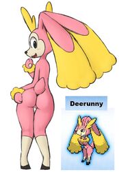 2019 anthro ass biped black_nose blush cervid deerling digital_media_(artwork) female fur genitals hi_res hybrid lagomorph looking_at_viewer looking_back lopunny mammal maypul_syrup nintendo nude open_mouth pokémon_(species) pokefusion pokemon pokemon_(species) pussy rear_view simple_background solo spring_deerling video_games white_background